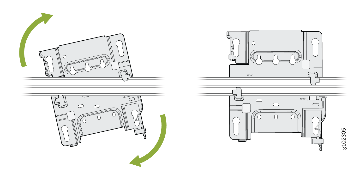 Diagram showing installation of a bracket with green arrows indicating rotational adjustment. Horizontal lines suggest attachment to a track system. Numbers 15/16 represent measurements or spacing.