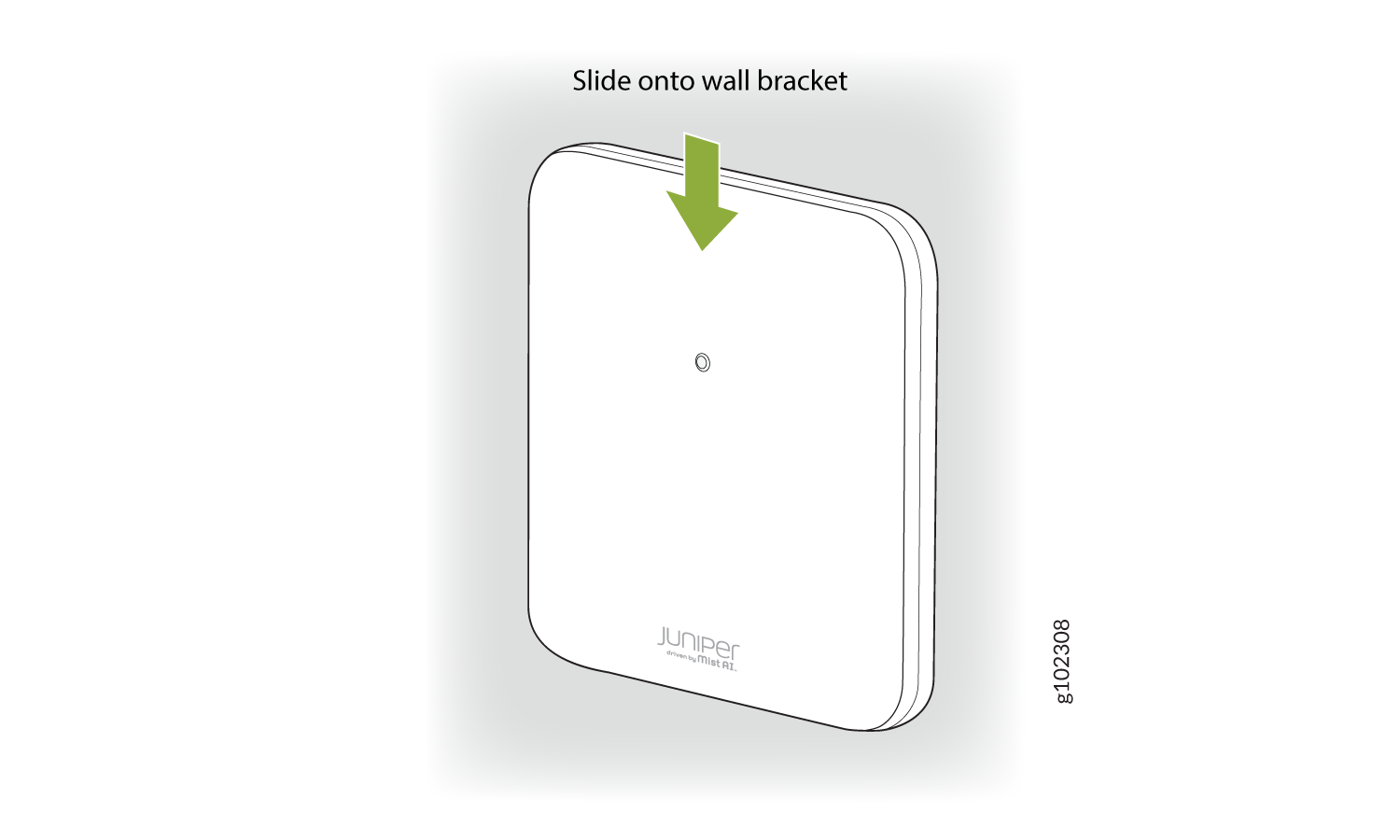 Juniper driven by Mist AI device with instruction to slide onto wall bracket for installation.