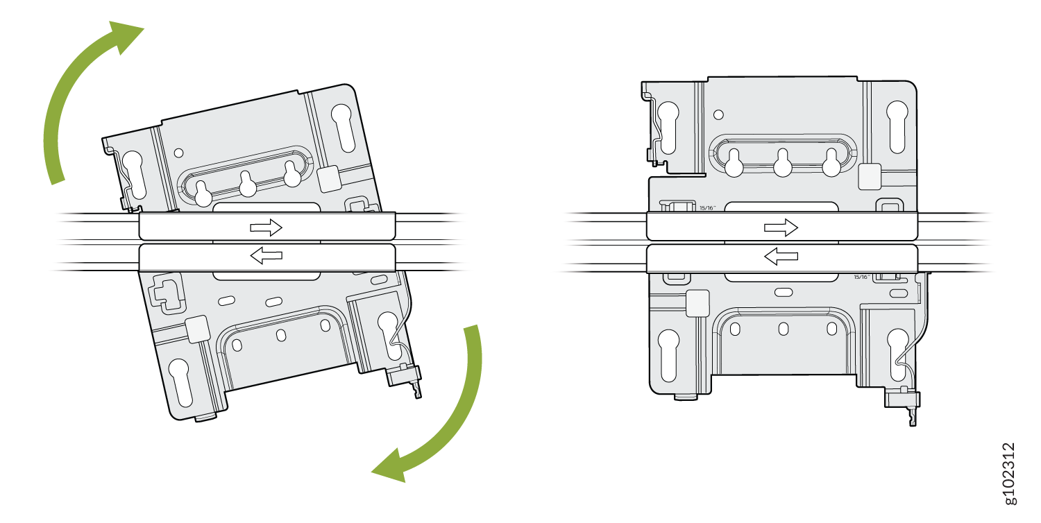 Technical illustration showing adjustment of a mechanical component with green arrows for rotation and horizontal arrows for direction.