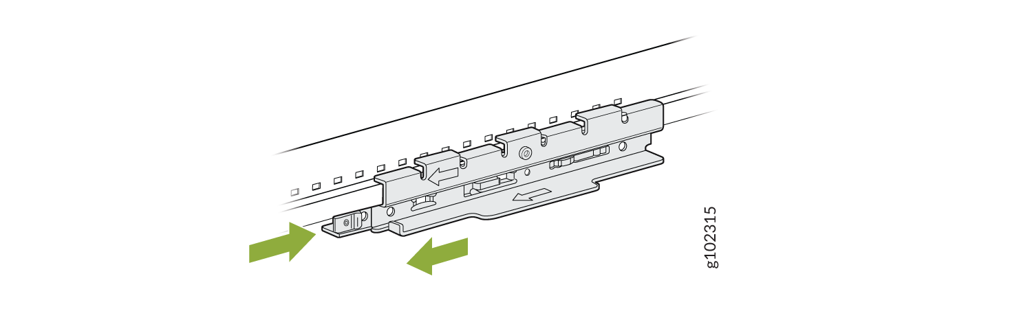 Diagram of a rail mechanism for server racks with green arrows indicating movement direction for installation or adjustment.