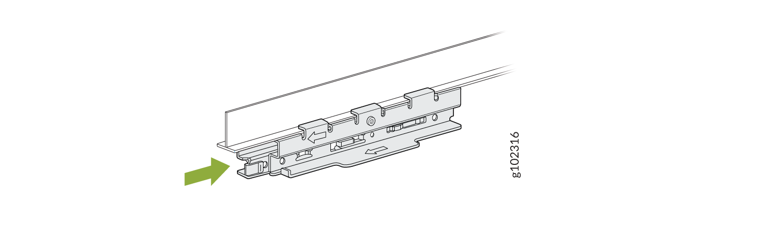 Technical illustration of a drawer slide mechanism with a green arrow indicating adjustment or release action.
