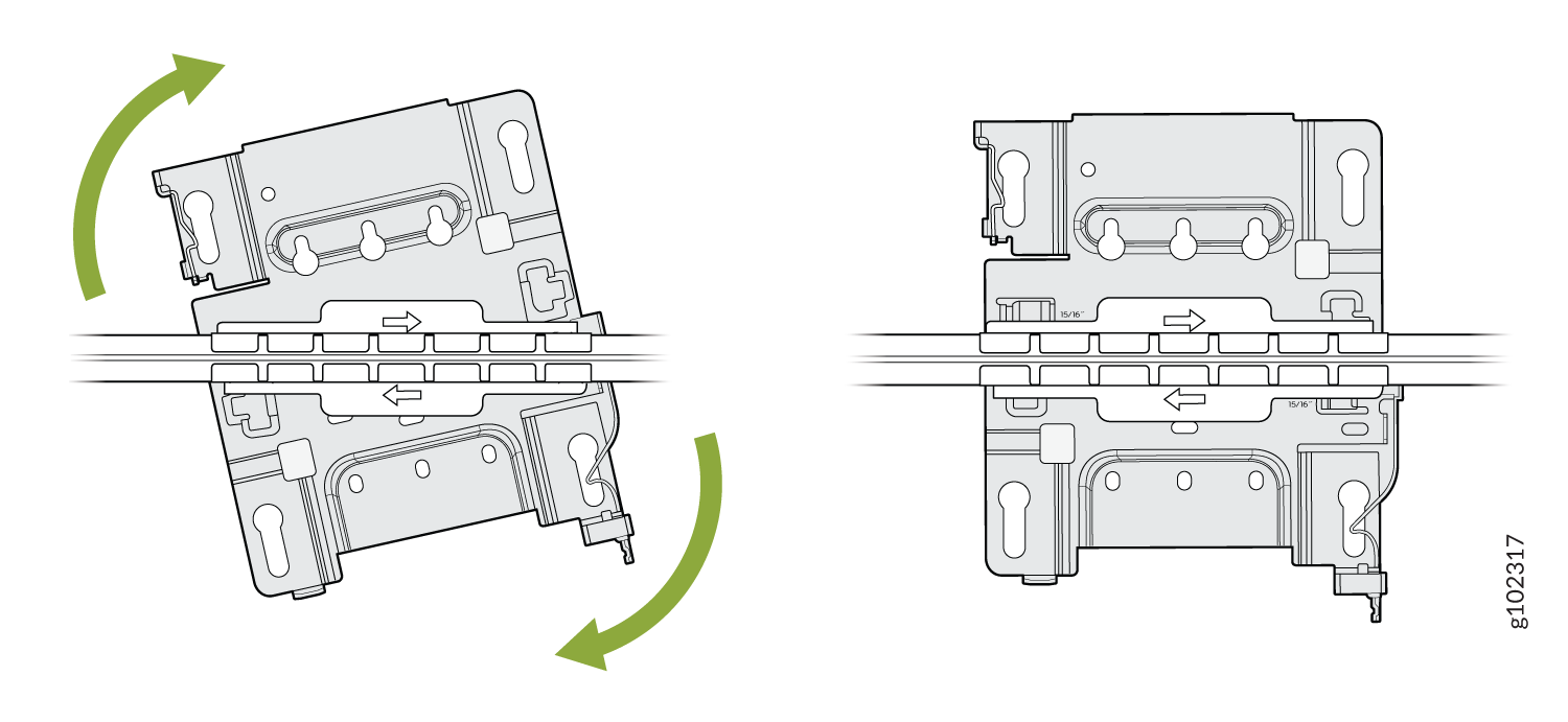 Technical illustration of a switch or connector on a rail showing rotational movement with green arrows indicating pivoting or adjustable function.