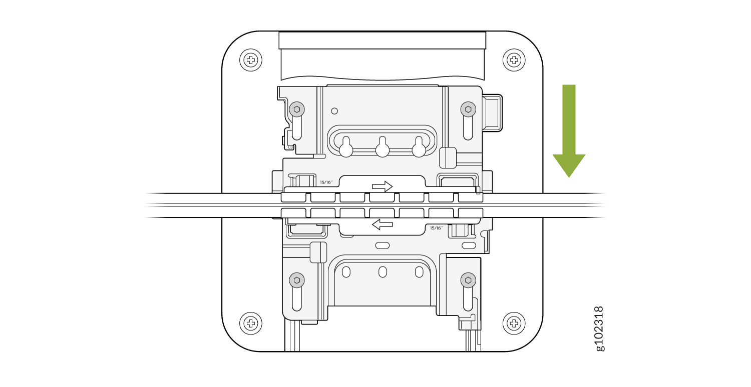 Technical diagram showing a device with cables and arrows indicating a downward flow. Includes measurements and screws for assembly.
