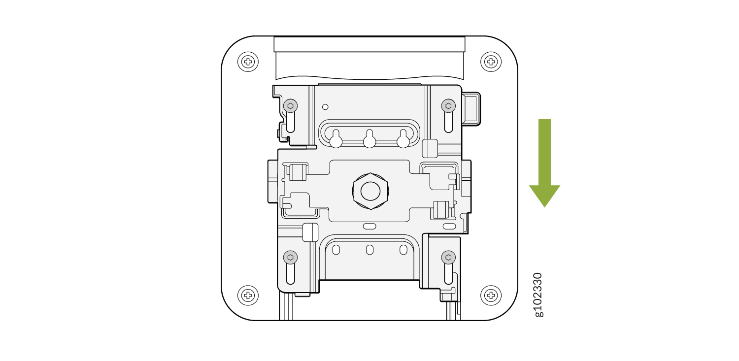 Technical diagram of a component with screws, a hexagonal bolt, and green arrow indicating downward assembly or movement.