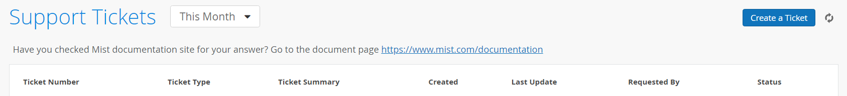 Support Tickets interface with dropdown for time range, Mist documentation link, Create a Ticket button, and empty table with ticket information headers.