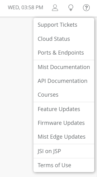 Dropdown menu with options for support tickets, cloud status, documentation, updates, and terms of use links.