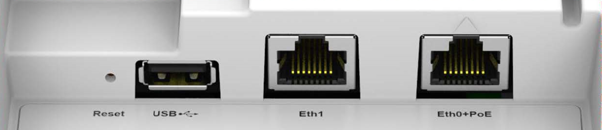 Reset button, USB port, Ethernet port for wired connections, and Ethernet port with Power over Ethernet on a networking device.