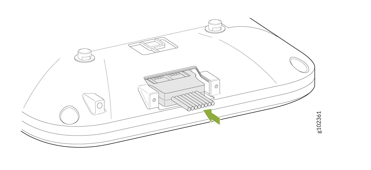 Connector assembly with green arrow pointing to wires or pins, suggesting it is part of an electronic system.