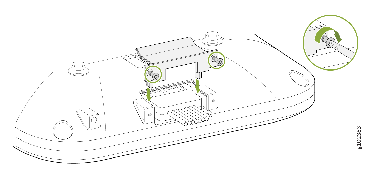 Diagram showing cable installation to a base with screws and bracket; inset highlights screw tightening method.