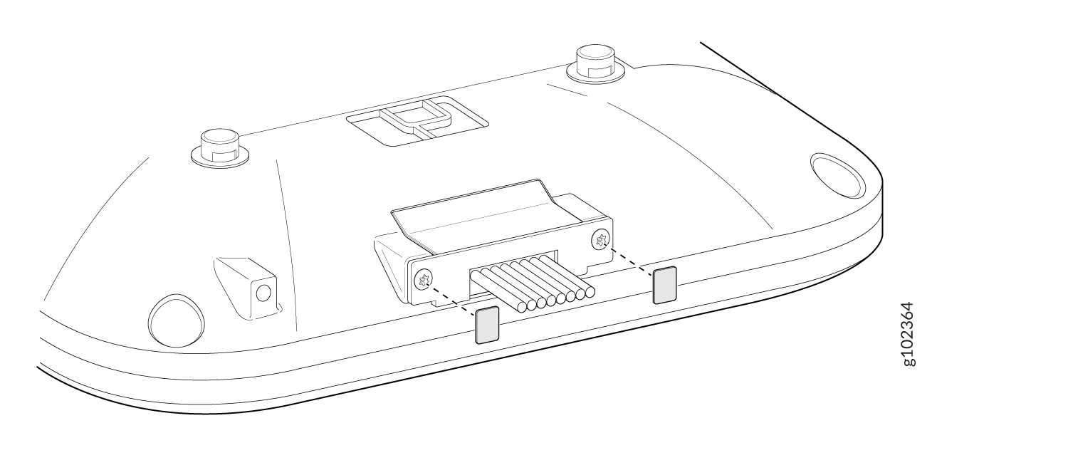 Technical diagram showing the underside of a device with a connector and pins for data connections, alignment points, and securing screws.