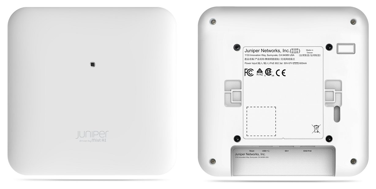 Juniper Networks wireless access point from Mist AI series with front view showing logo and back view displaying ports and mounting points.