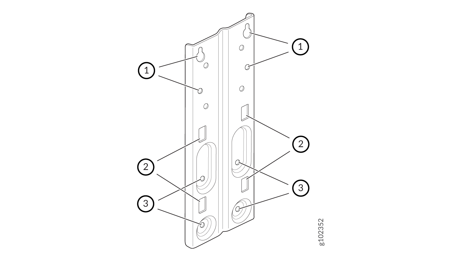 Technical drawing of a metal bracket with keyhole-shaped cutouts for mounting, rectangular slots for alignment, and circular holes for fasteners.