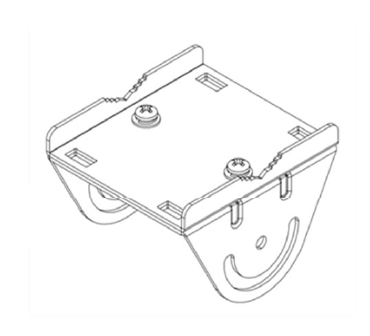 Technical drawing of a bracket with screw holes and curved features for securing or supporting an object.