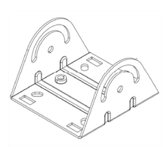 Technical drawing of a metal bracket with two vertical supports featuring curved slots and a flat base with mounting holes.
