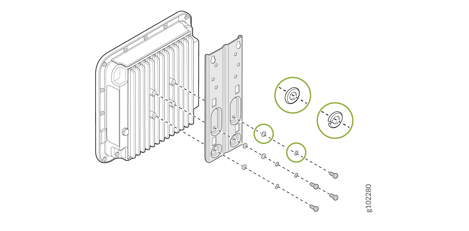 Exploded view of a component assembly with ribbed housing, mounting plate, screws, washers, spacers, and highlighted important parts.