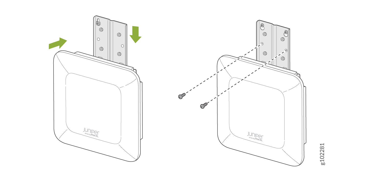 Juniper Networks wireless access point installation guide showing device sliding into bracket on left and being secured with screws on right.