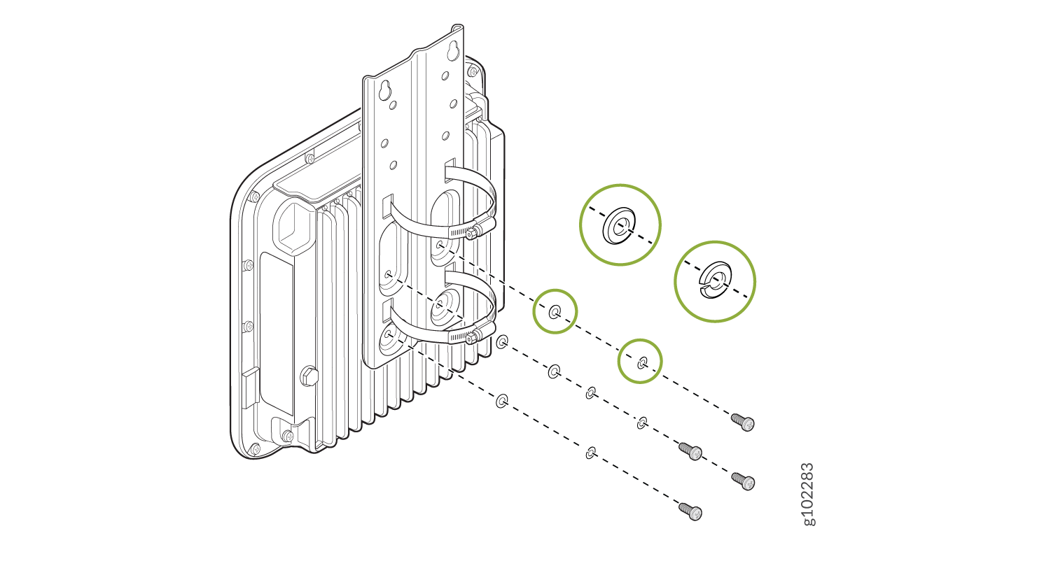 Exploded diagram showing assembly of a mounting bracket for a device with fins, including metal plate, hose clamps, screws, and highlighted components.