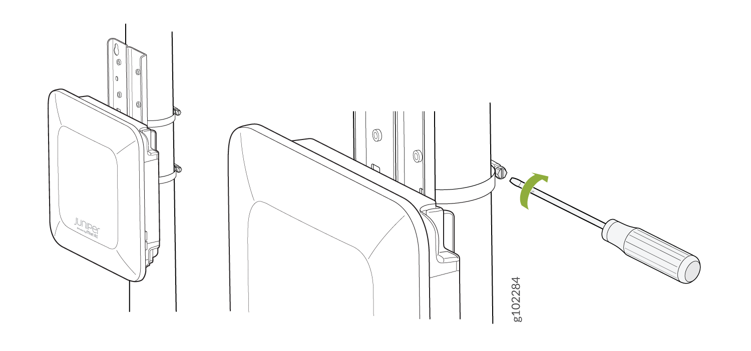 Juniper device installation on a pole using a bracket and metal straps. A screwdriver tightens screws.