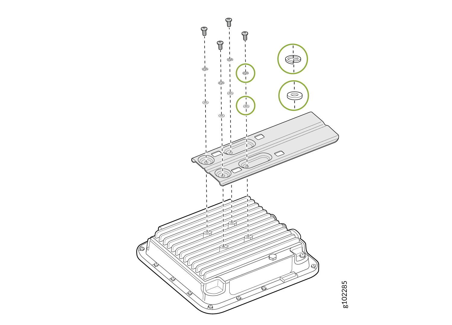Exploded view of a heat sink assembly showing components like screws, washers, and ribbed cover plate. Green circles highlight key parts.