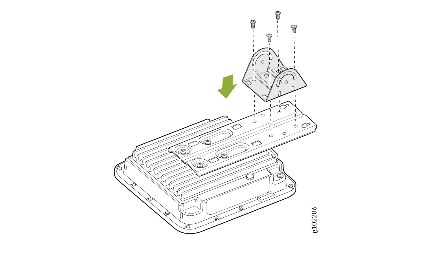 Exploded view diagram showing assembly of a device with a finned base unit, mounting bracket, and screws. Arrow shows bracket placement.