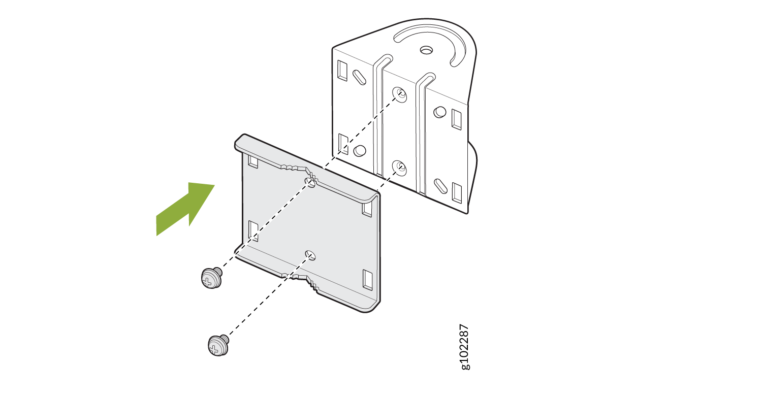 Attach bracket to plate using screws. Follow green arrow direction for alignment. Dotted lines show screw placement.