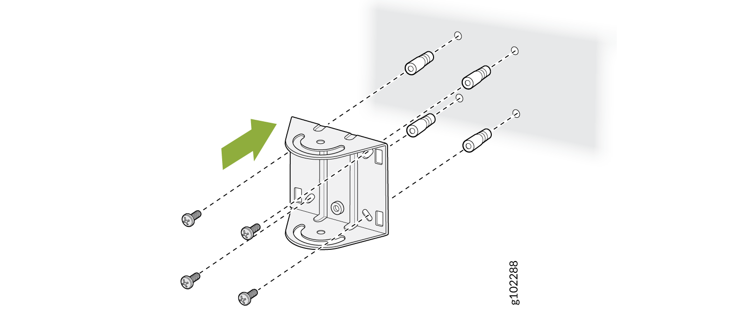 Assembly diagram for wall-mounted bracket with screws, wall anchors, and bracket. Dashed lines show screw and anchor placement. Green arrow indicates installation direction.