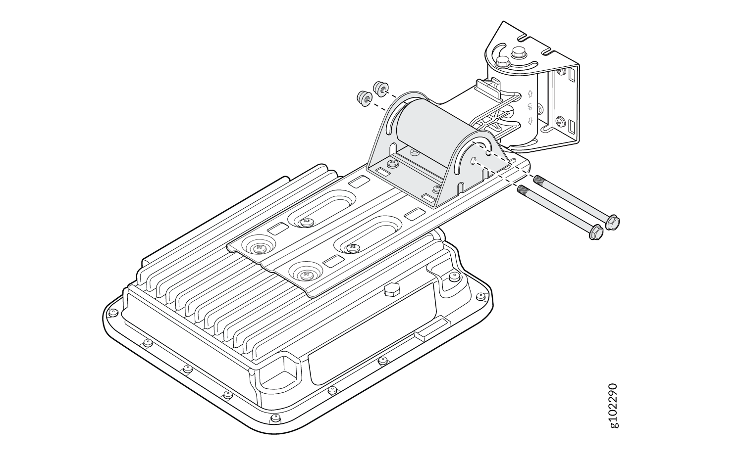 Technical drawing of a mechanical assembly with a finned heat sink mounted to a bracket system with a cylindrical roller and securing bolts.