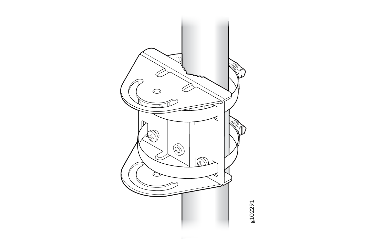 Technical drawing of a pipe clamp assembly designed to secure a cylindrical object with bolts, circular plates, and frame structure.