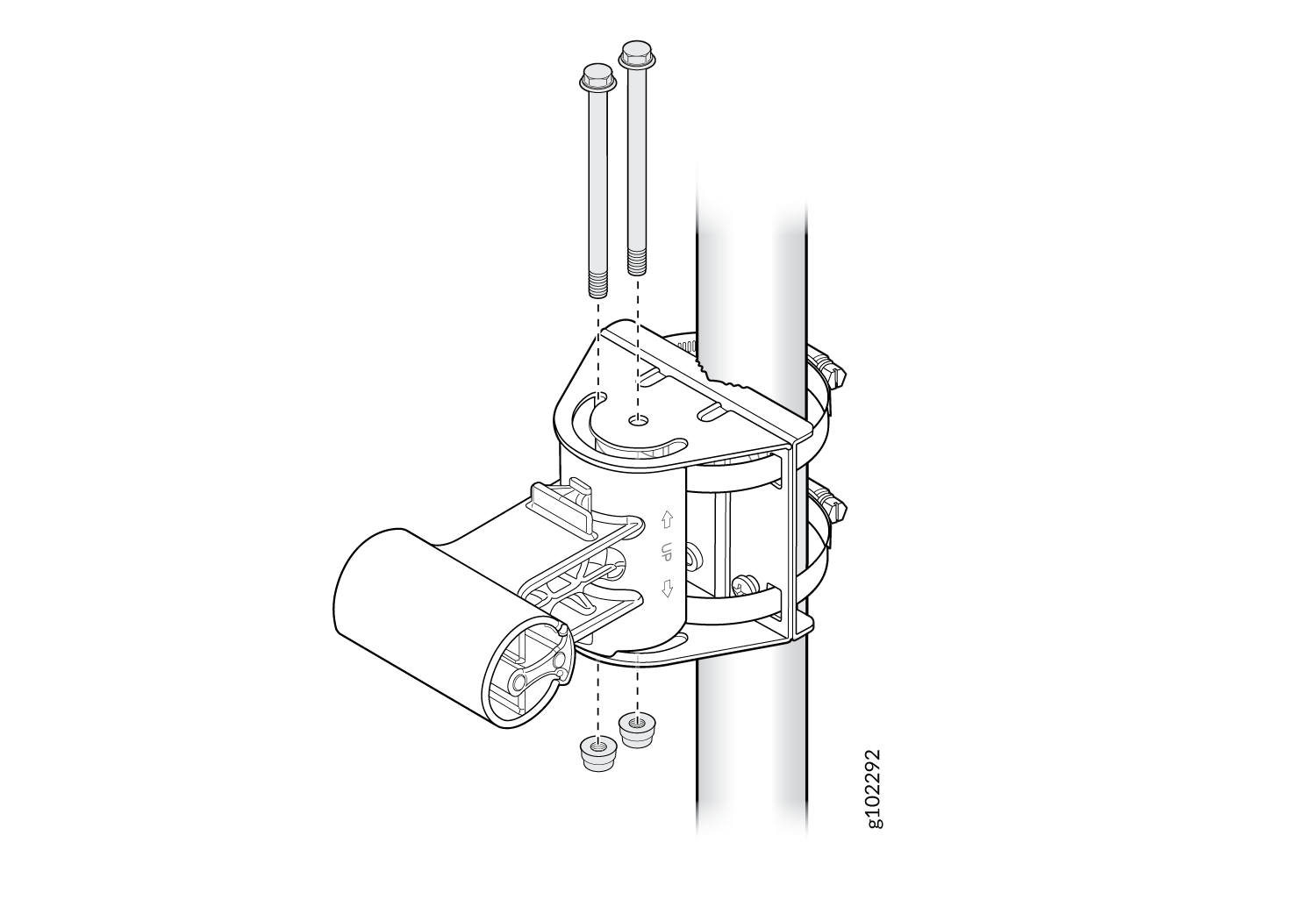 Mounting bracket assembly with a cylindrical component, vertical pole, bolts, nuts, and washers in exploded view.