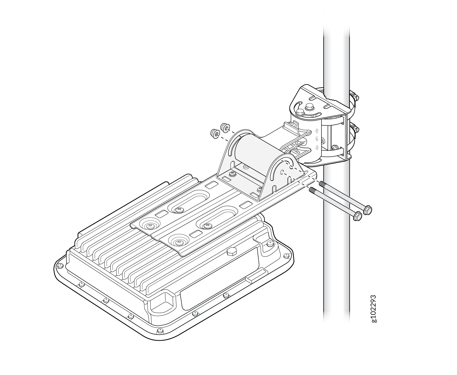Mounting assembly for an outdoor electronic device on a pole, featuring a bracket with bolts and a ribbed design for heat dissipation.