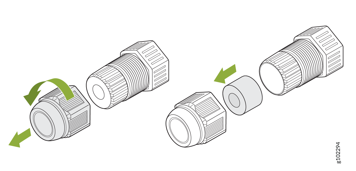 Disassembly diagram with green arrows showing steps to unscrew cap and remove internal filter element in a mechanical system.