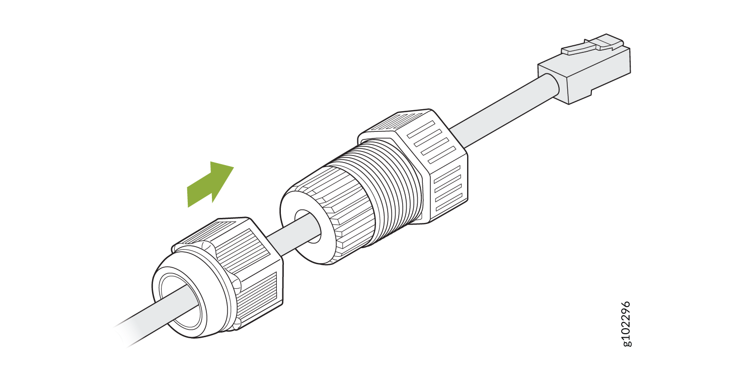 Threaded connector being attached to cable with green arrow indicating tightening direction for electrical connection.