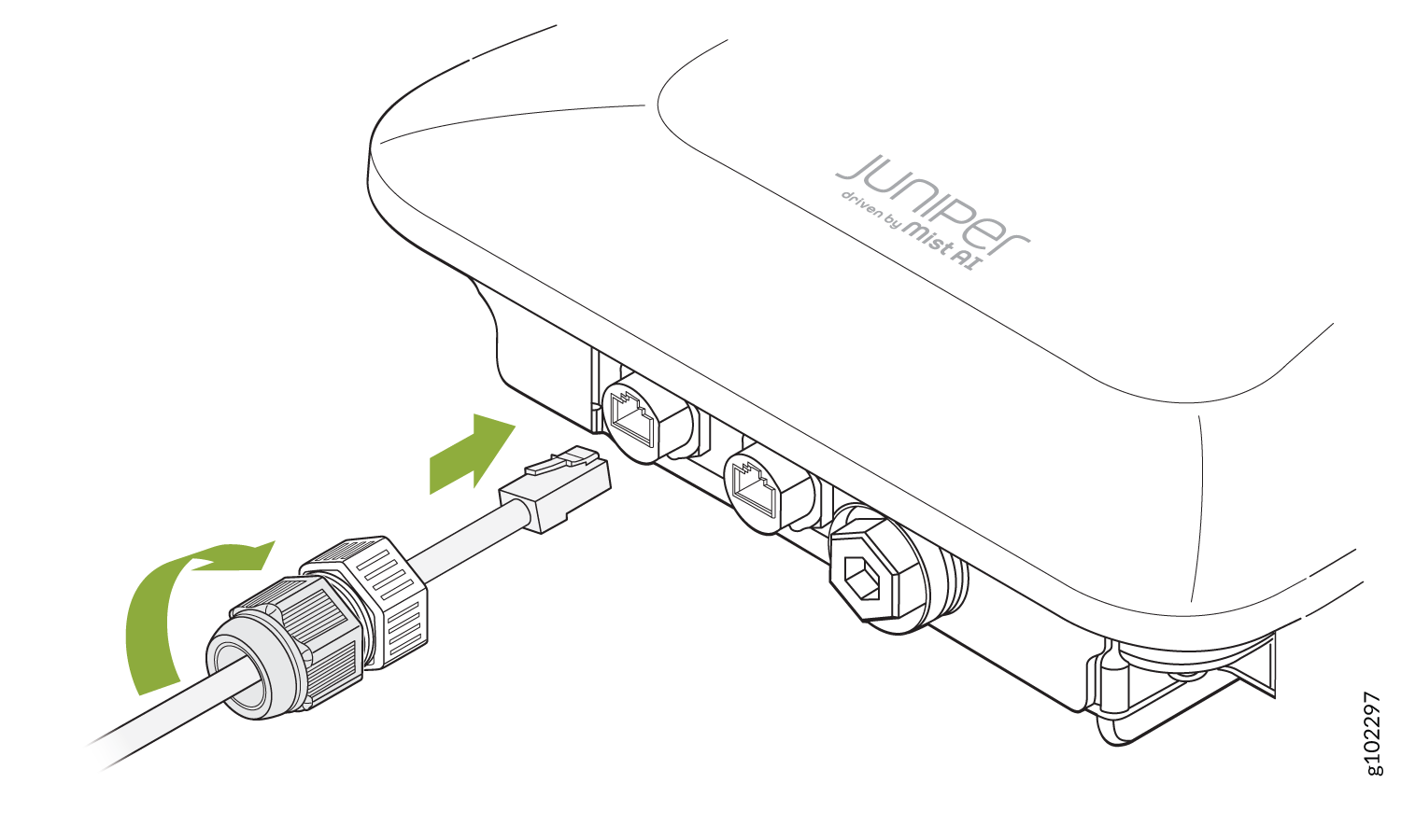 Diagram showing how to connect a cable to a Juniper device driven by Mist AI with arrows indicating plug-in and connector directions.