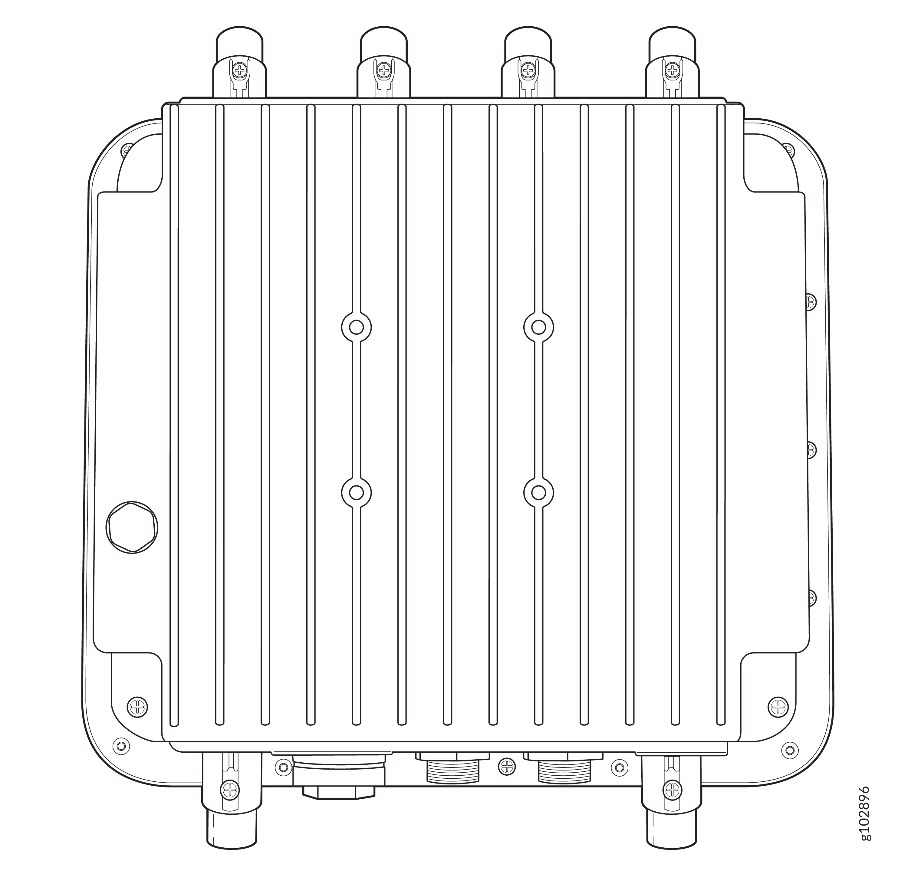 Rugged outdoor enclosure with ribbed surface and connectors for housing telecom equipment in harsh environments.