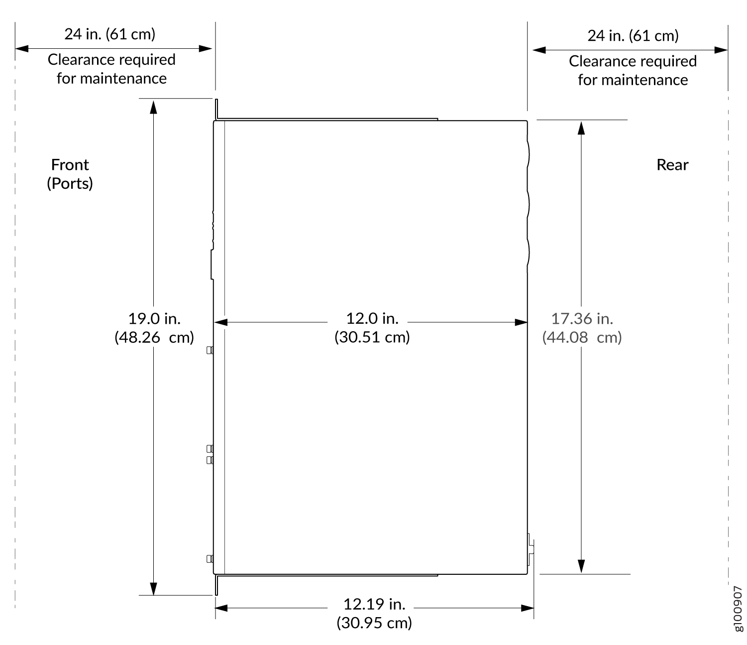 Clearance Requirements for Airflow and Hardware Maintenance for a CTP151 Device