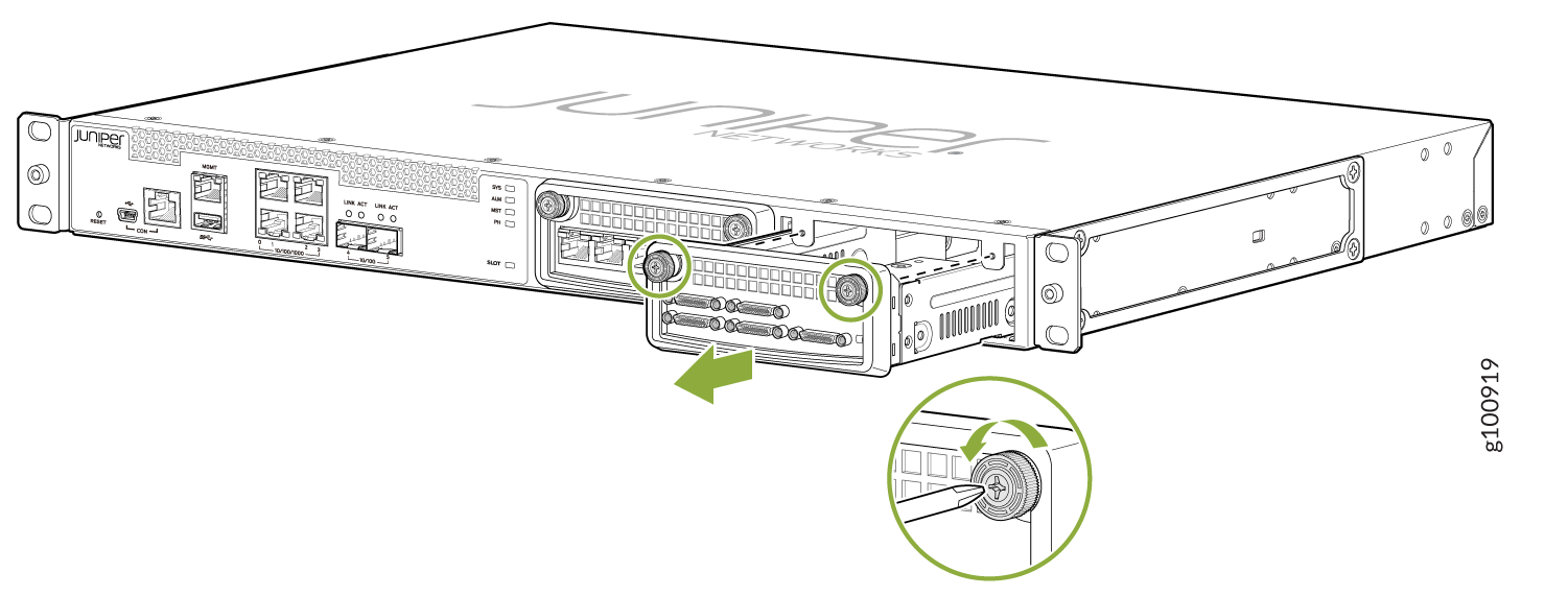 Juniper Networks device front panel with Ethernet, SFP, and console ports. Module removal shown with green arrows and screws being loosened.