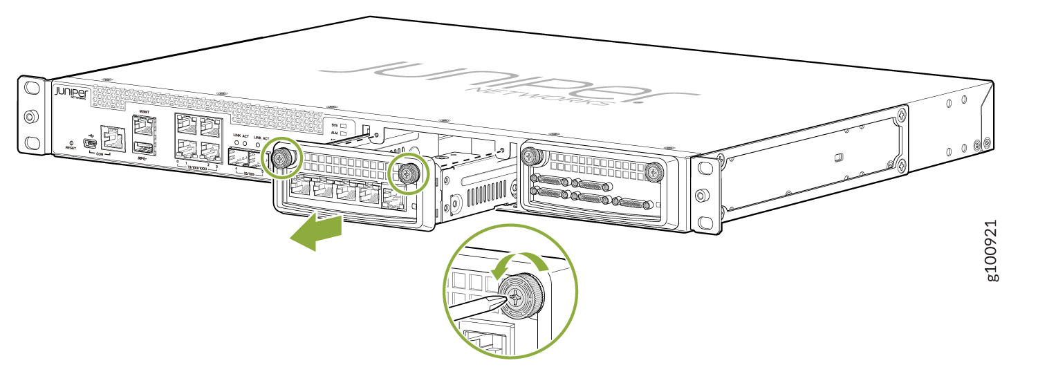 Juniper Networks device front panel with ports and removable module instructions for screw mechanism removal.
