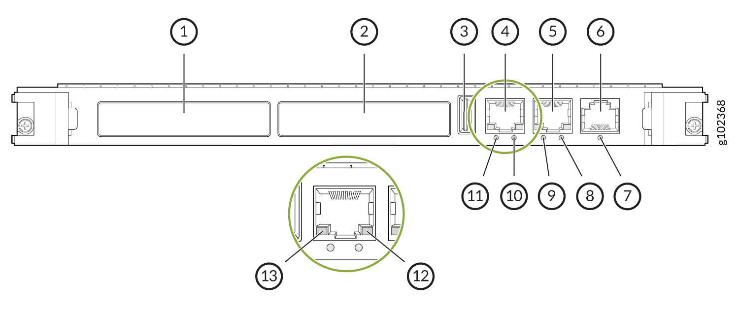Technical diagram of a communication module with labeled components including Ethernet ports and status LEDs.