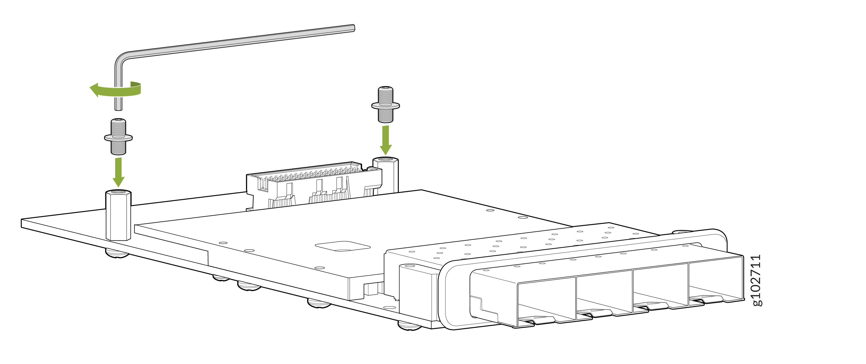 Assembly process for electronic circuit board showing screws inserted into standoffs using a hex key.