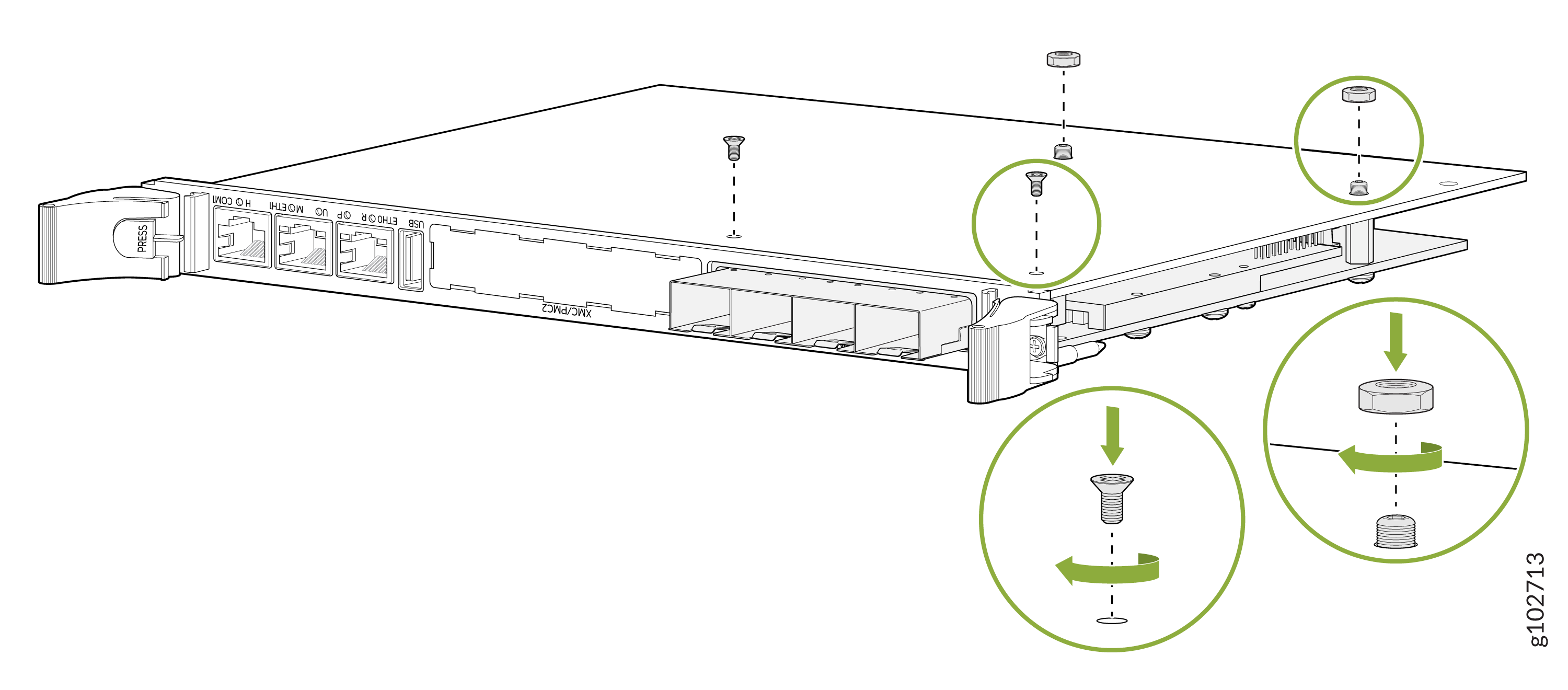 Technical illustration of a network module's front panel with labeled ports ETH0, ETH1, COM, USB, and XMC/PMC2. Green arrows show screw tightening directions.