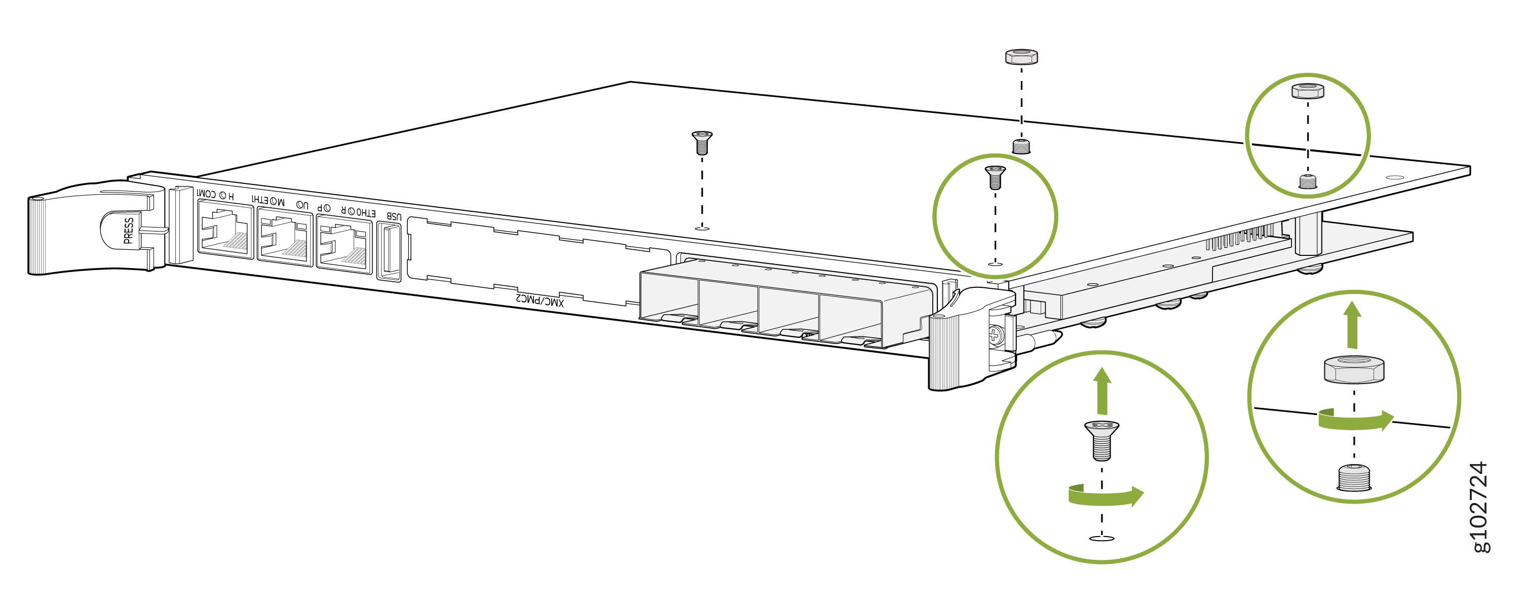 Technical illustration of a network module installation with labeled ports ETH0, ETH1, USB. Arrows and green circles indicate component movement and screws.