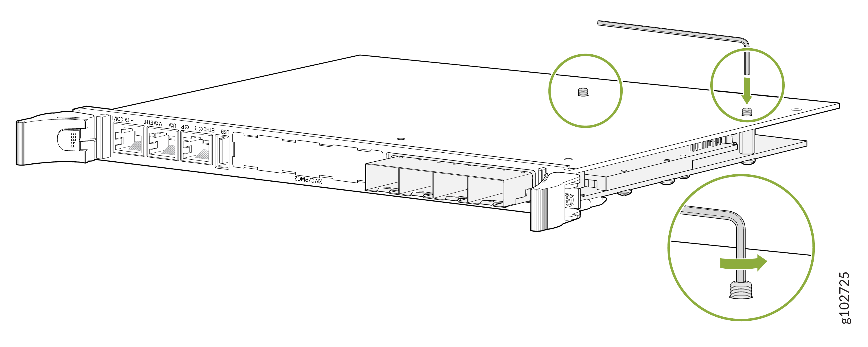 Securing a network module with screws using an Allen wrench; ports labeled ETH0, ETH1, USB visible.