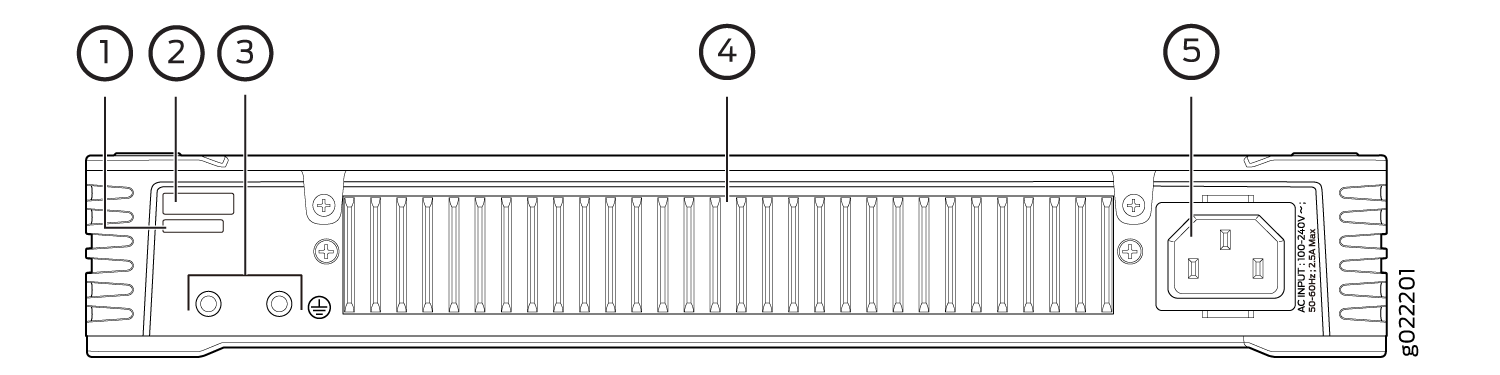 Diagram of a network switch rear panel with labeled components: grounding point, console port, network port, ventilation slots, and power input socket.