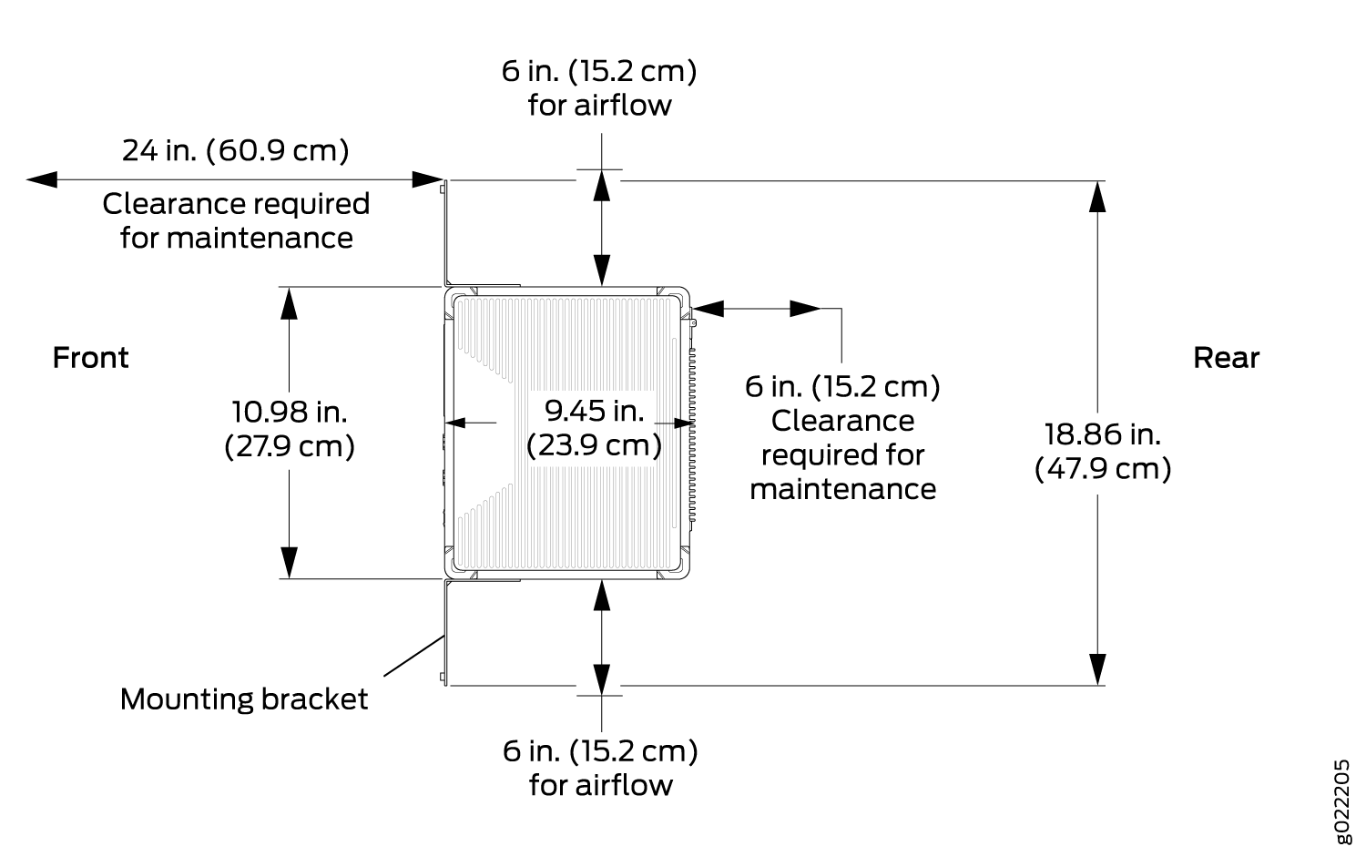Technical diagram showing device dimensions: Height 10.98 in., Width 9.45 in., Depth 18.86 in., with clearance requirements: 6 in. for airflow top/bottom, 6 in. side maintenance, 24 in. front maintenance; mounting bracket at bottom.
