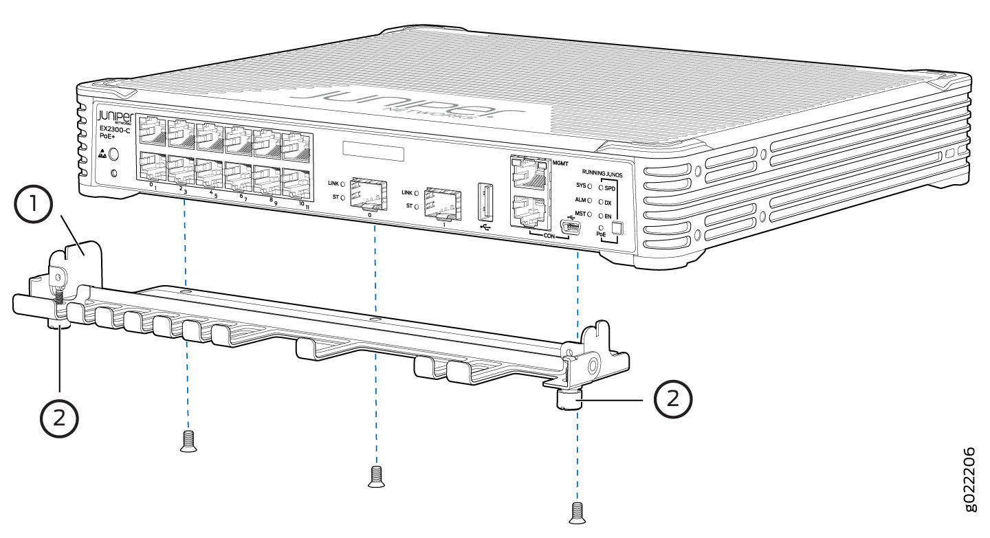 Attaching a mounting bracket to a Juniper EX2300-C switch with screws for installation.