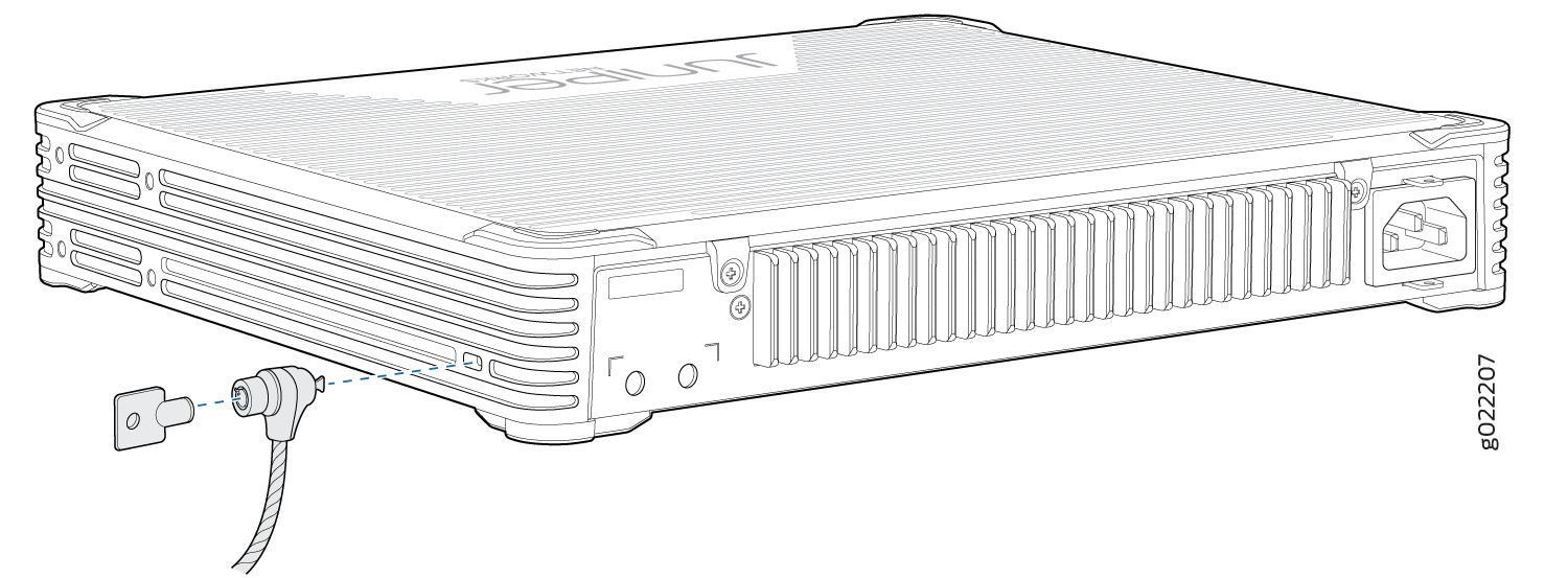 Juniper Networks device with front and side panels showing ventilation slots, ports, power connector, and Kensington lock slot with cable lock.