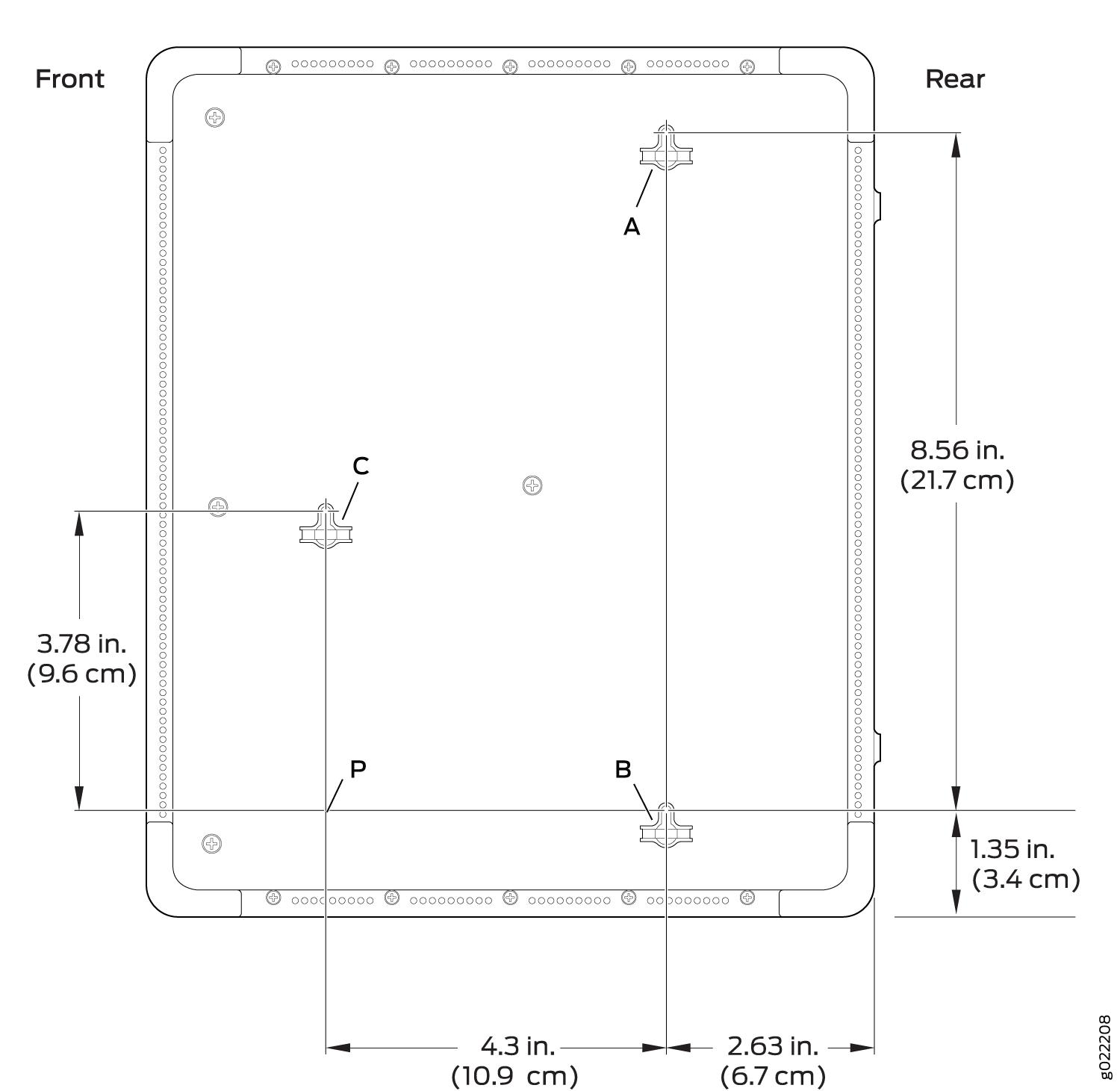 Technical diagram of a rectangular component with dimensions in inches and centimeters, labeled points A, B, C, P, and orientation labels Front and Rear.