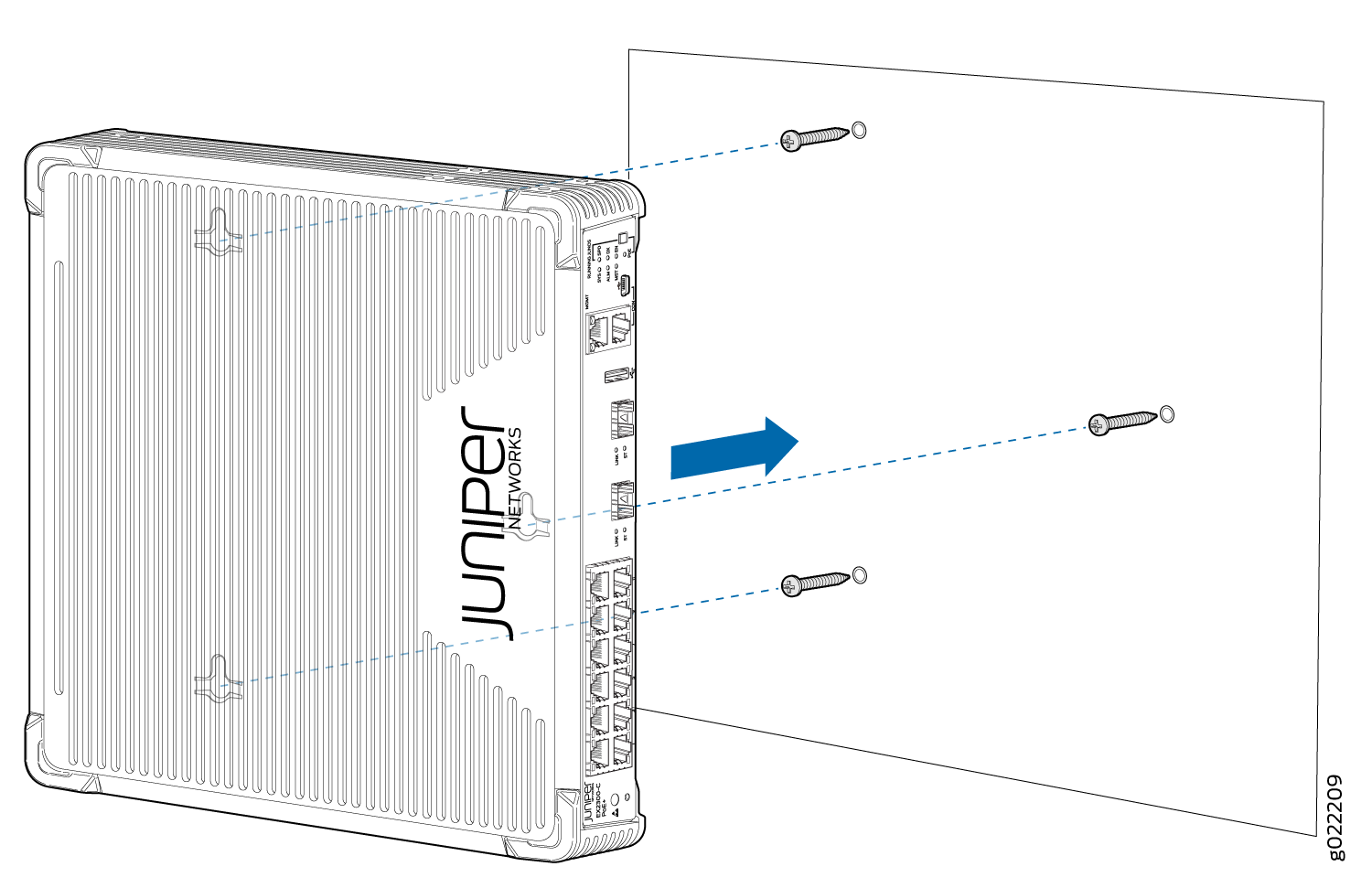 Juniper Networks device mounted on wall with screws and installation arrows.
