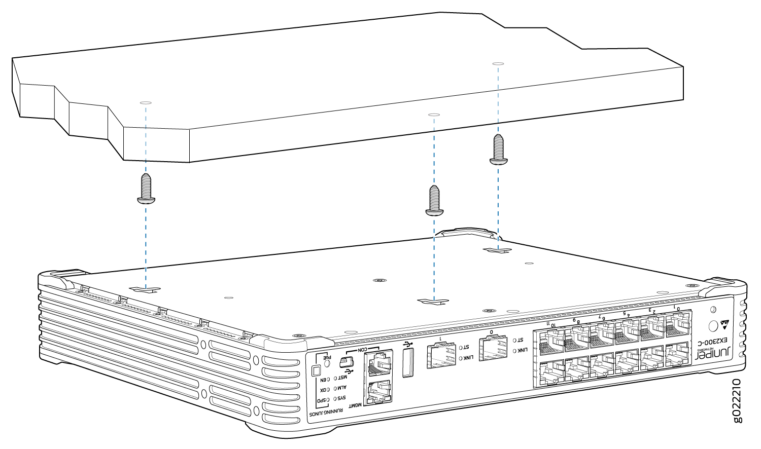 Assembly diagram for mounting a Juniper EX2300-C compact switch using screws, showing Ethernet and uplink ports on the front panel.