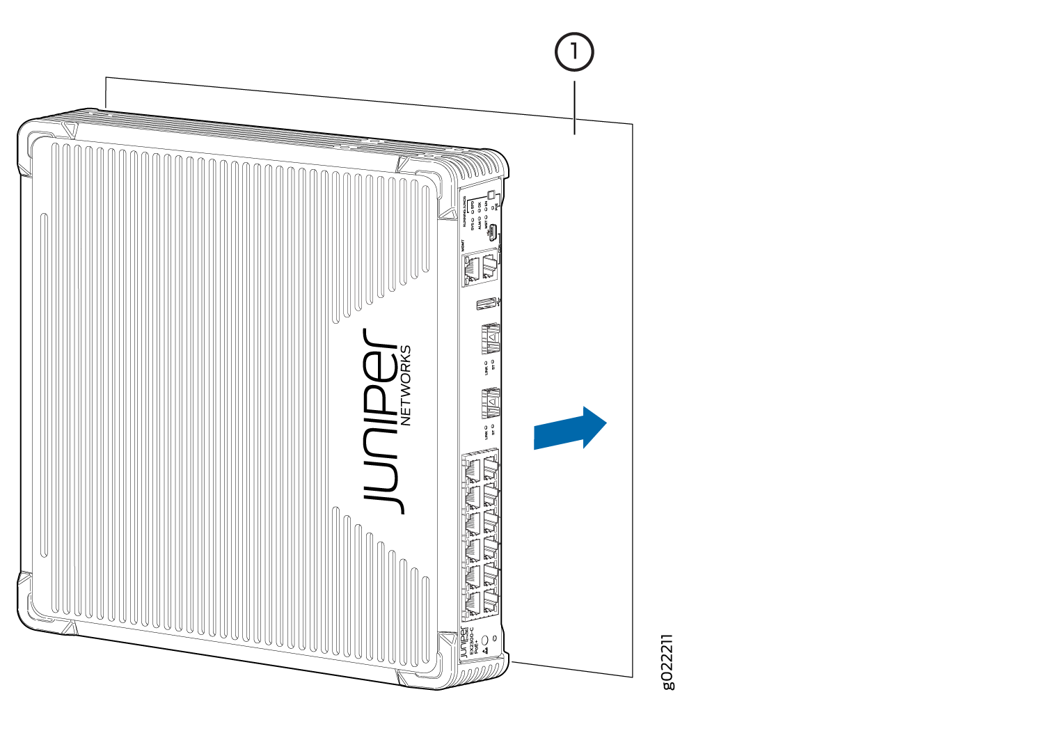 Juniper Networks device with ports and connectors; blue arrow indicates installation direction; label g802211.